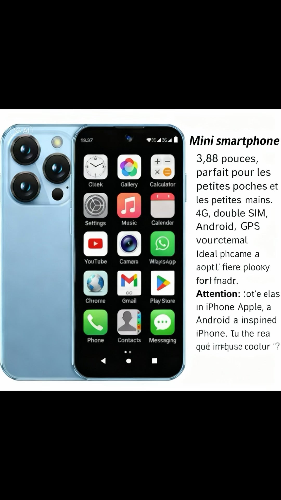 Mini smartphone Android 3,88” 4G – Double SIM – Design type iPhone – 4 Go RAM + 128 Go ROM